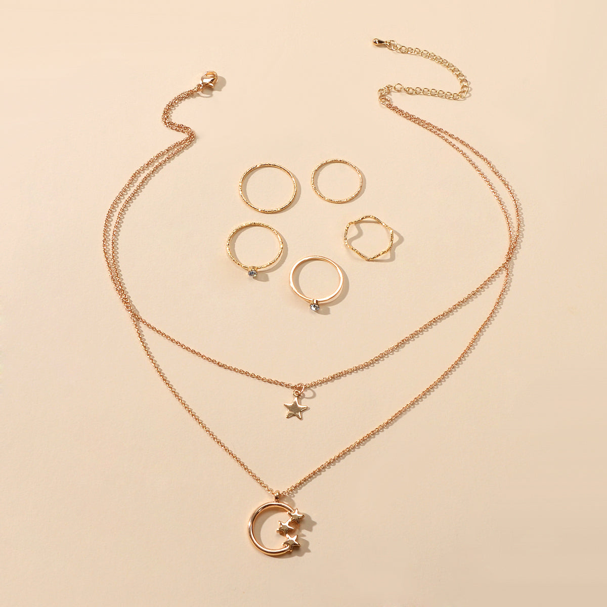 Jewellery Set Double Layer Chain Moon Star Necklace Stackable Wave Knuckle Rings-2