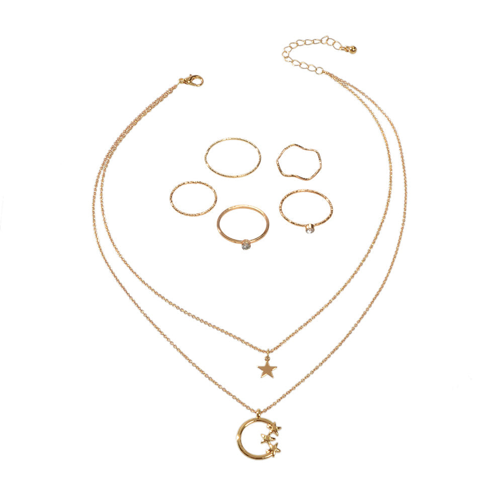 Jewellery Set Double Layer Chain Moon Star Necklace Stackable Wave Knuckle Rings-1