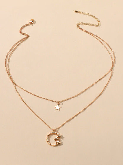 Jewellery Set Double Layer Chain Moon Star Necklace Stackable Wave Knuckle Rings-3