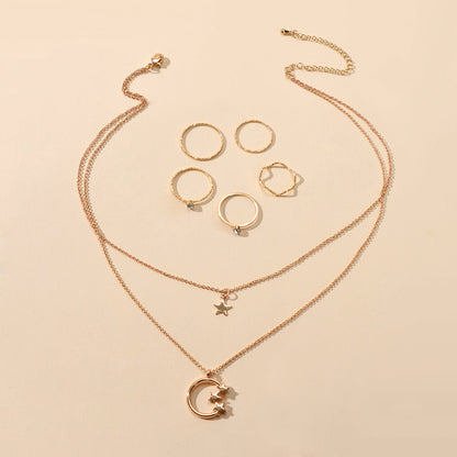 Jewellery Set Double Layer Chain Moon Star Necklace Stackable Wave Knuckle Rings-2