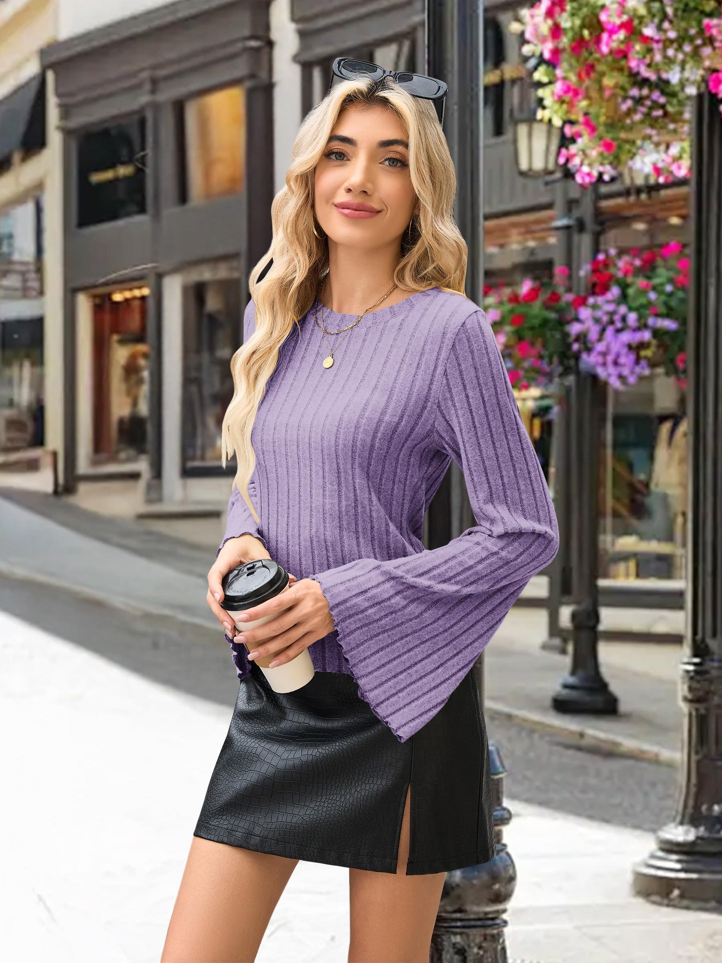 MOLERANI Womens Long Bell Sleeve T-Shirts Top Fall Pullover for Women - Lightweight,Knit,Crewneck,Going Out,Fall Fashion 2025