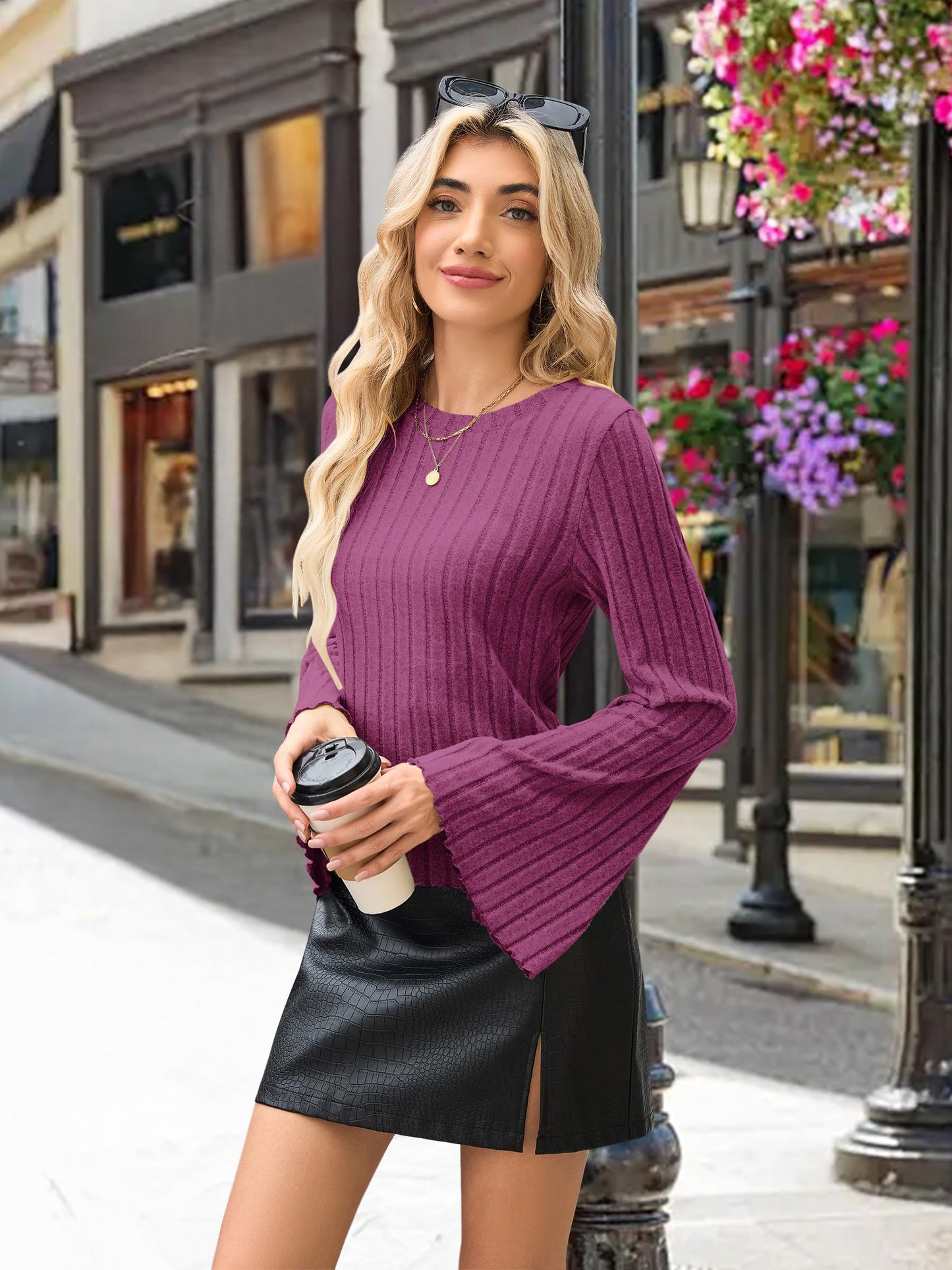 MOLERANI Womens Long Bell Sleeve T-Shirts Top Fall Pullover for Women - Lightweight,Knit,Crewneck,Going Out,Fall Fashion 2025