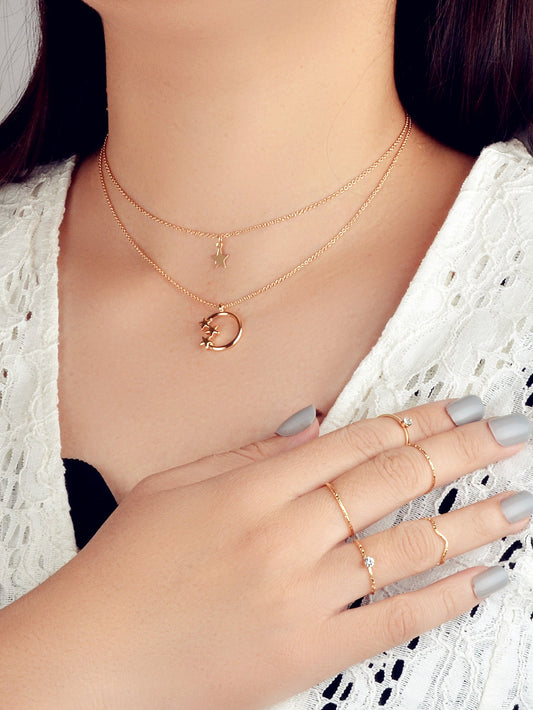Jewellery Set Double Layer Chain Moon Star Necklace Stackable Wave Knuckle Rings-0