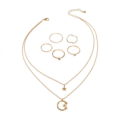 Jewellery Set Double Layer Chain Moon Star Necklace Stackable Wave Knuckle Rings-1